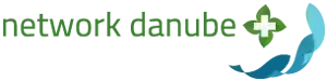 The logo shows the Netword Danube lettering in green. To the right is a stylized green flower with stylized blue waves underneath.