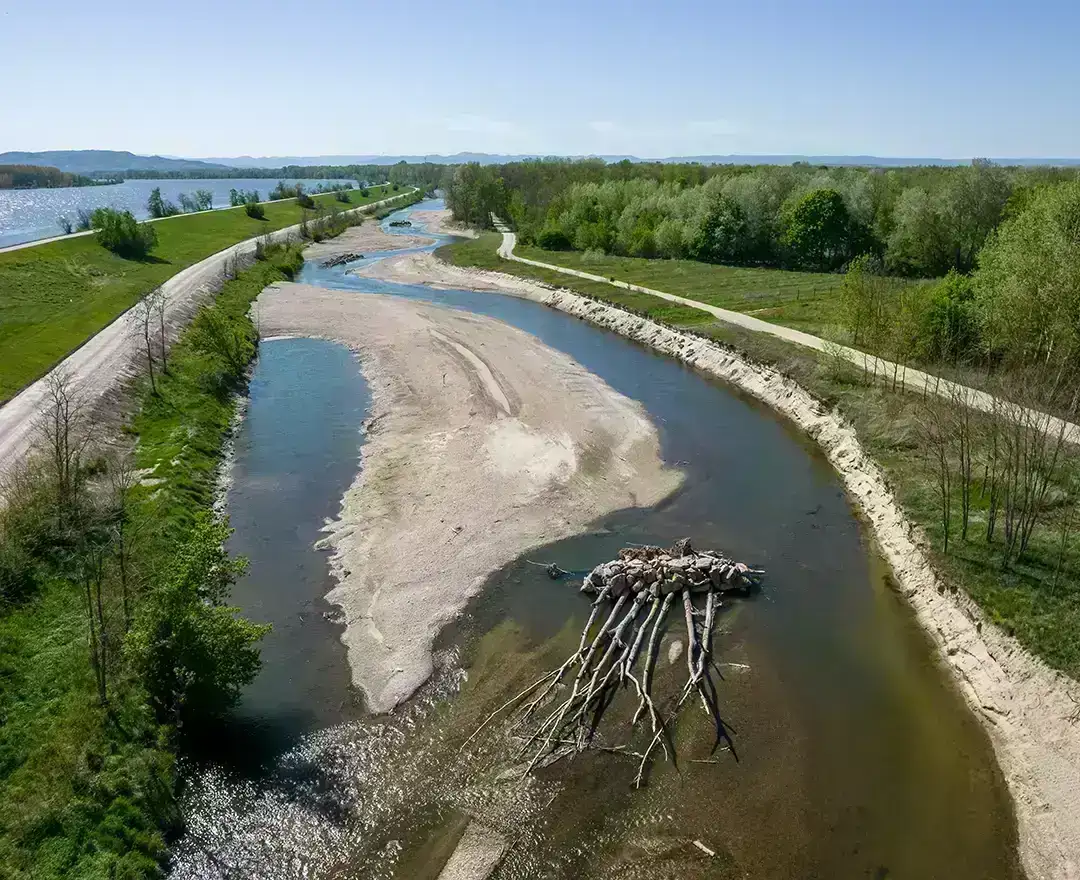 Das Bild verdeutlich gut, wie die neue Fischwanderhilfe geplant ist: Ein mäanderndes Flüsschen mit Raubäumen, Sandbänken und reichlich Grün auf beiden Seiten.